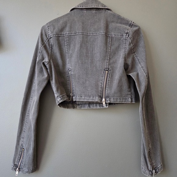 Free People Grey Washed Denim Cropped‎ Moto Jacket XS Asymmetical Zipper Grunge - Picture 4 of 7
